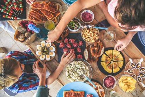 Evening With Friend Dinner On The Terrace Enjoying Together Summer Aperitif With Group Of Friends Joy