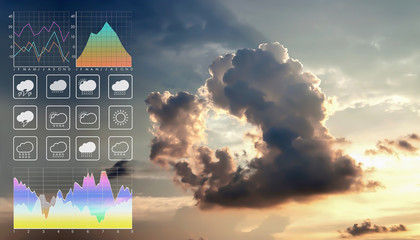Wall Mural - weather forecast symbol data presentation with graph and chart on dramatic wonderful twilight cloud 