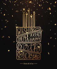 Happy Birthday Greeting Card Design With Gold Lettering Text And Confetti. Vector Birthday Cake With Candles On Black Background
