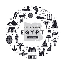 Black And White Circular Design Pattern Of Filled Icons On The Theme Of Sights And Symbols Of Egypt With Place For Text. Sights And Symbols Of Egypt.