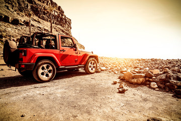 Canvas Print - Red summer time on beach. Summer sunset time and free space for your decoration. 