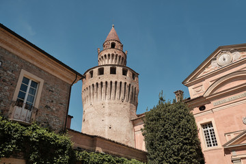 tower of Rivalta castle and landscape with forest and river - Piacenza - Emilia Romagna, Italy.