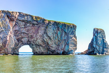 Closeup Of Rocher Perce Rock In Gaspe Peninsula, Quebec, Gaspe Area With Birds And Cliffs 