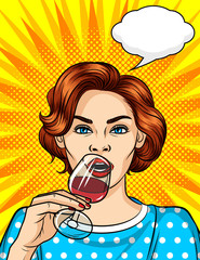 Wall Mural - Color vector in the style of comic pop art illustration of a girl with a glass of red wine. Beautiful woman drinking alcohol. Brown-haired girl with blue eyes and a glass in her hand 