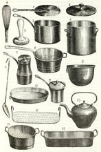 A Set Of Copper Kitchen Equipment. Antique Illustration In A Cuisine Book. 1892.