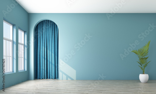 Modern Memphis Interior With Blue Wall And Blue Curtain