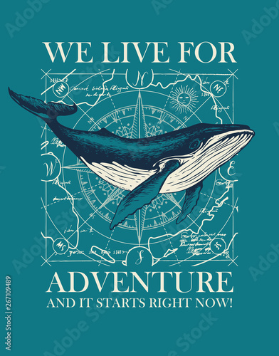 Fotografía Vector banner with big hand-drawn whale on the background of wind rose and old map in retro style
