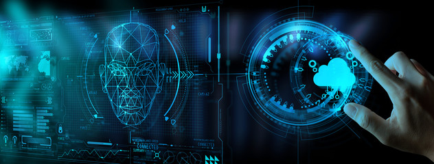 Poster - Hand pushing icon Ui of Cloud Computing Technology Internet Storage Network Concept