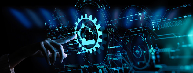 Leinwandbilder - Engineer hand check and control welding robotics automatic arms icon with machine in intelligent factory automotive industrial with UI monitoring system software.