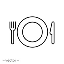 Food Icon For Label, Logo, Fork, Knife And Template. Cutlery, Dinner, Eat Symbol And Restaurant Menu. Food Line Sign On White Background - Editable Stroke Vector Illustration
