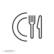 Food Icon For Label, Logo, Fork, Knife And Template. Cutlery, Dinner, Eat Symbol And Restaurant Menu. Food Line Sign On White Background - Editable Stroke Vector Illustration
