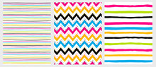 Simple Geometric Vector Patterns With Colorful Stripes And Chervron On A White Background. Green, Orange, Violet And Black Zig Zags And Lines On A White Layout. Irregular Hand Drawn Vector Design.