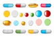 Set of color pills and capsules in realistic style