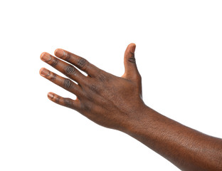 Wall Mural - african-american man showing hand gesture on white background, closeup