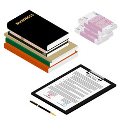 Sticker - Contract agreement concept stack of money, business books, contract and pen isomateric view