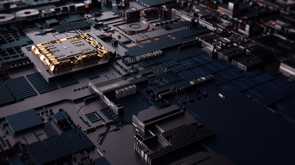 Poster - Printed circuit board futuristic server/Circuit board futuristic server code processing. Orange,  green, blue technology background with bokeh.