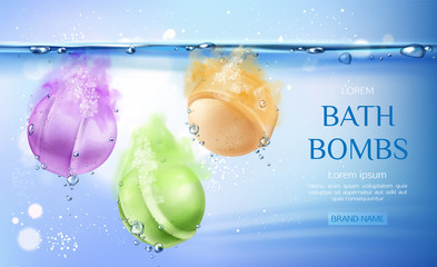 Bath bombs in water, spa cosmetics beauty product for body care, colorful soap balls fizzing in aqua with air bubbles. Cosmetic advertising poster template. Realistic 3d vector illustration, banner.