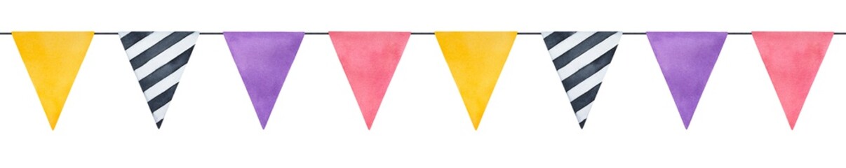 Colorful triangle flag bunting illustration. Seamless repeatable line. Hand drawn watercolour painting on white background, isolated element for festive design, greeting card, frame, party invitation.