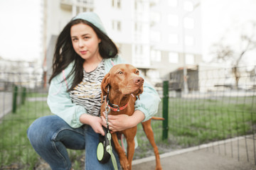 Wall Mural - Sweet woman holds in the hands of a beautiful young dog breed of magyar vizsla and looks. Focus on a pet. Walk with a dog in the yard.