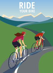 Wall Mural - Pair of cyclists  on the road near the hills.