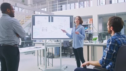 Poster - In the In Industrial Design Facility Team of Engineers and Technicians have a Meeting, Female Specialist Leads Briefing, Talks and Draws on Digital Interactive Whiteboard with Car Prototype Concepts