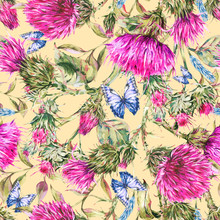 Watercolor Purple Thistle Seamles Pattern With Blue Butterflies, Wild Flowers, Meadow Herbs