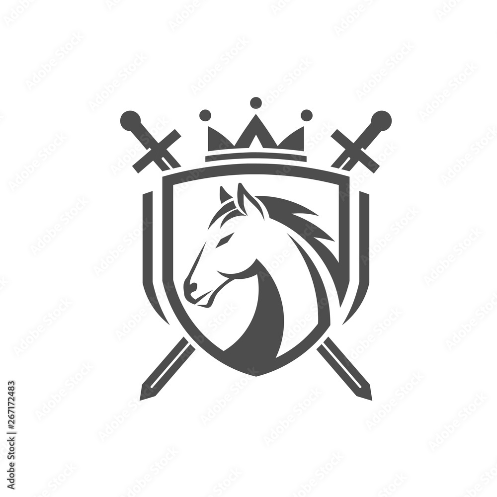 horse head with two crossed swords,shield with crown logo for uses as ...