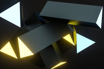 Wall Mural - 3d rendering, yellow glowing triangle pillar with dark background,