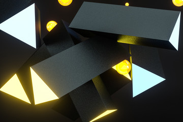 Wall Mural - 3d rendering, yellow glowing triangle pillar with dark background,