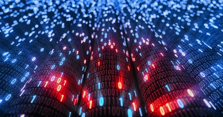 Hacking red and blue digital binary code matrix 01 background. Hacker, dark web, matrix, Digital data code in safety security technology concept. 3D rendering