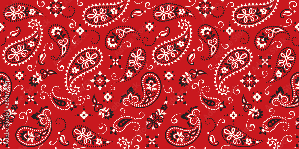 Seamless pattern based on ornament paisley Bandana Print. Vector ornament paisley Bandana Print. Silk neck scarf or kerchief square pattern design style, best motive for print on fabric or papper. - obrazy, fototapety, plakaty 