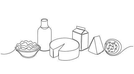 Wall Mural - monochrome sketchy set of dairy products created in continuous line style.