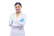 Female Scientist In Uniform With Experimental Glasses Isolated On White Background.