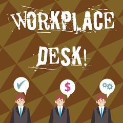 Writing note showing Workplace Desk. Business concept for a type of table that you can work at often one with drawers Businessmen has Speech Bubble with Optimization Cost Icons