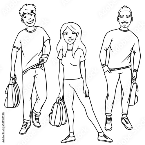 Vector Drawing Of Two Boys And A Girl With Satchels In Hand Standing Casually Black White Cartoon Illustration Isolated Buy This Stock Vector And Explore Similar Vectors At Adobe Stock