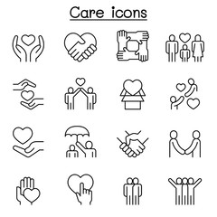 care, generous and sympathize icon set in thin line style