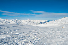 Panoramic View Down Snow Covered Valley In Alpine Mountain Range