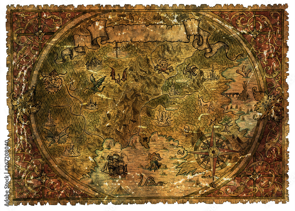 Pirate map of fantasy lands with dragons and mermaids - obrazy, fototapety, plakaty 