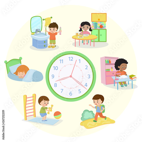 Children Schedule Banner Vector Illustration Daily Routine Set