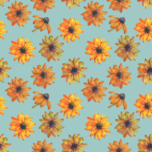 Seamless Watercolor Flowers Pattern. Hand Painted Yellow Flowers. Flower Pattern For Design. Seamless Floral Pattern. Drawn Flowers For Packaging, Wallpaper, Fabric.