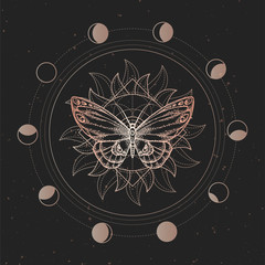 Vector illustration with hand drawn butterfly and Sacred geometric symbol on black vintage background. Abstract mystic sign.