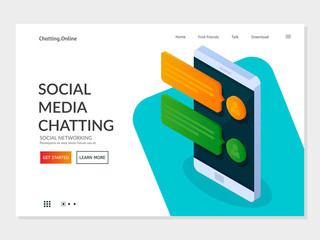 Wall Mural - social networking concept. chatting and messaging. landing page template. vector 3d isometric illust