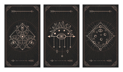 Vector set of three dark backgrounds with geometric symbols, grunge textures and frames. Abstract geometric symbols and sacred mystic signs drawn in lines.