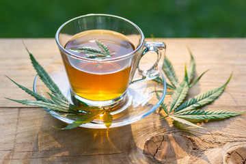 Cannabis tea in glass cup with leaves on wood surface