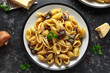 Conchiglie pasta with mushrooms, creamy sauce, parmesan cheese and herbs