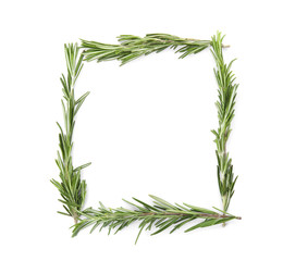  Frame made of fresh rosemary twigs on white background, top view. Space for text