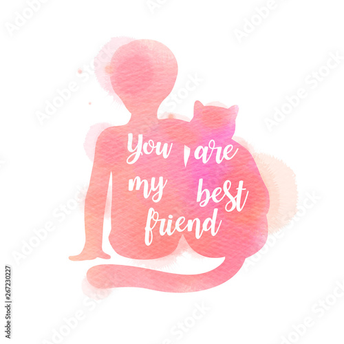 Boy Sitting With Cat Silhouette On Watercolor Background The