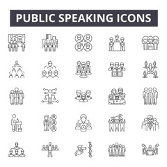 Public speaking line icons, signs, vector set, outline concept, linear illustration