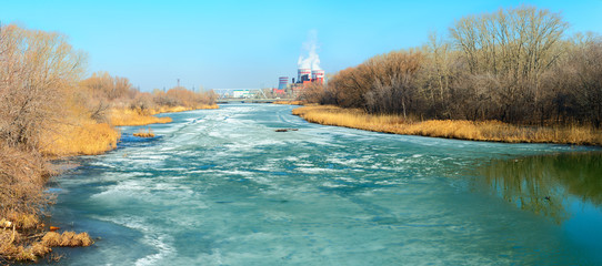 Panorama view of the spring river Miass and Dog Island