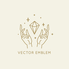 Wall Mural - vector abstract logo design template in trendy linear minimal style - hands and diamond